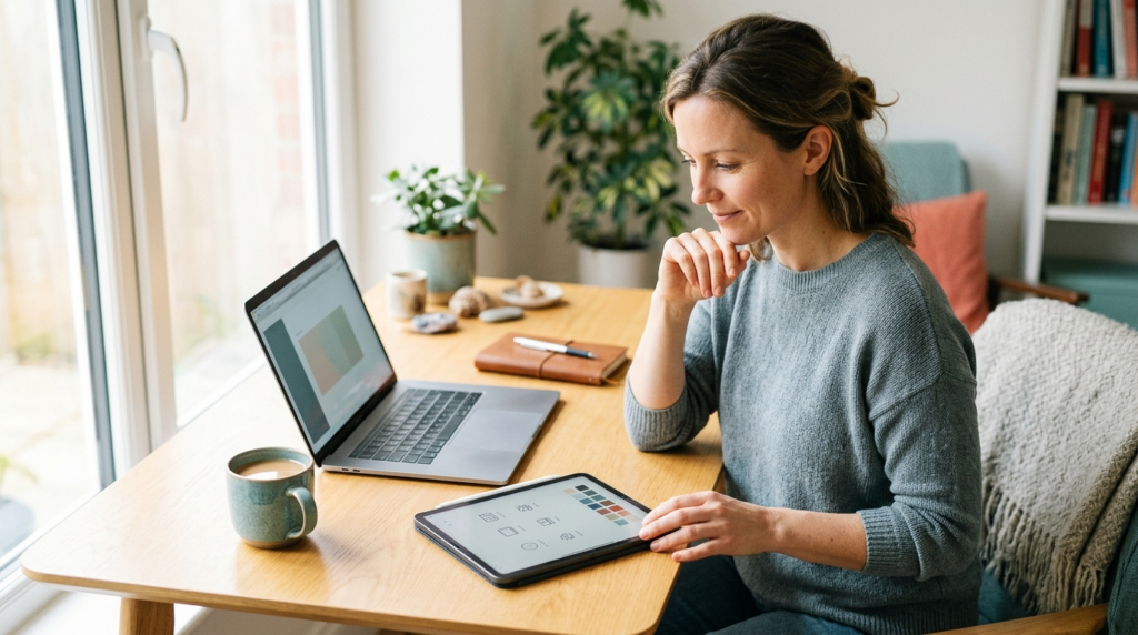 A calm knowledge worker at a sunlit desk choosing the right tool for the task among several devices