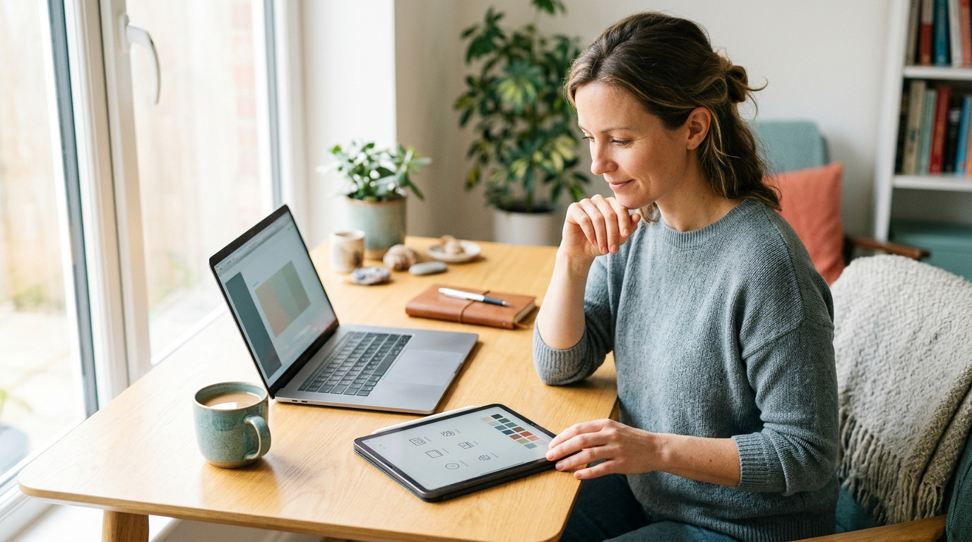 A calm knowledge worker at a sunlit desk choosing the right tool for the task among several devices