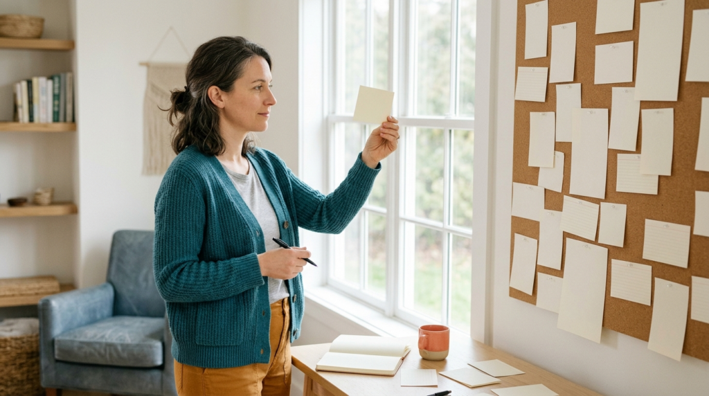 Person at a sunlit window re-examining one card from a board of notes, pen in hand, during a careful review
