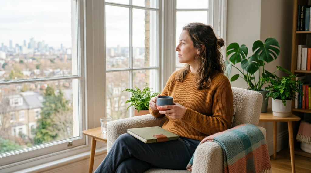 A person with a cup of tea looking out a window at a distant city skyline