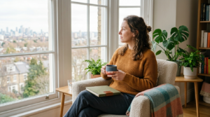 A person with a cup of tea looking out a window at a distant city skyline