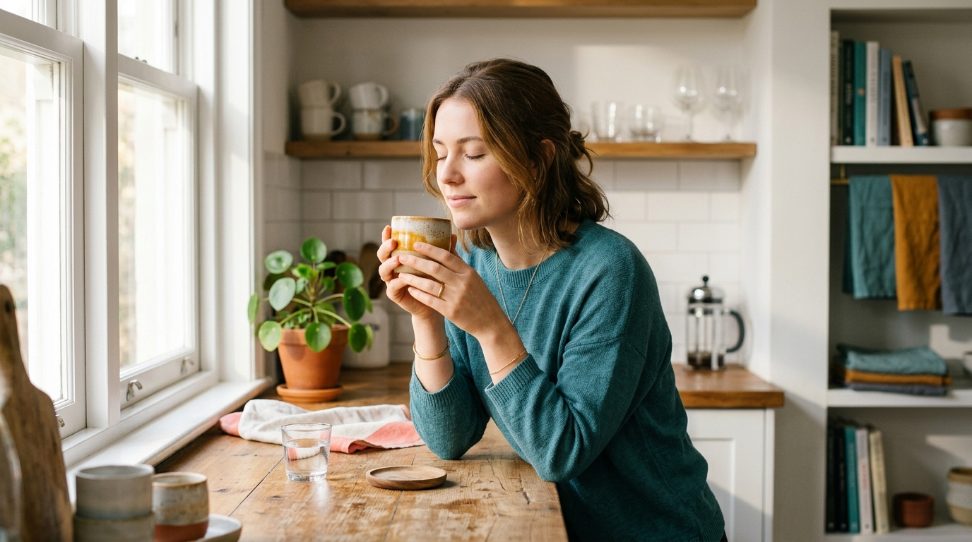 Person by a bright kitchen window pausing with both hands around a small cup of coffee