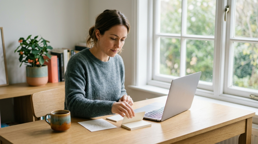 A professional at a sunlit desk arranging a small set of notes beside a laptop, choosing context deliberately