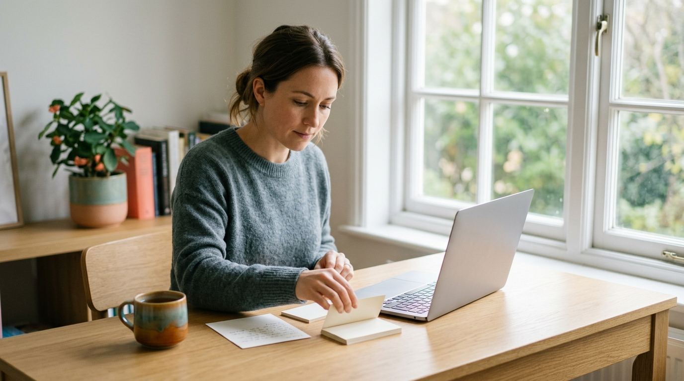 A professional at a sunlit desk arranging a small set of notes beside a laptop, choosing context deliberately