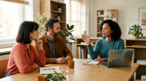 Colleague calmly offering a different view to two teammates around a table with a laptop in a bright office