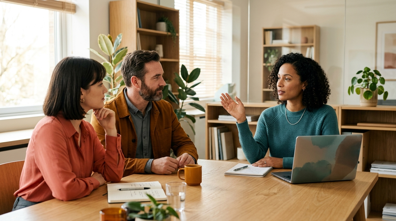 Colleague calmly offering a different view to two teammates around a table with a laptop in a bright office