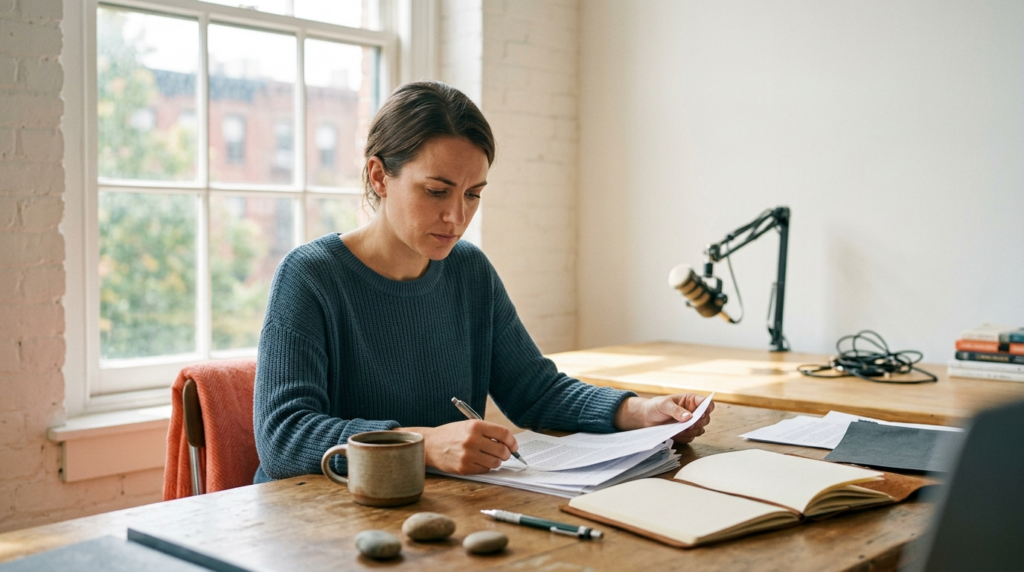 Independent creator at a sunlit desk reviewing printed pages, podcast microphone in the background