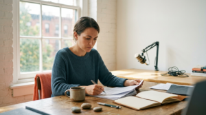 Independent creator at a sunlit desk reviewing printed pages, podcast microphone in the background