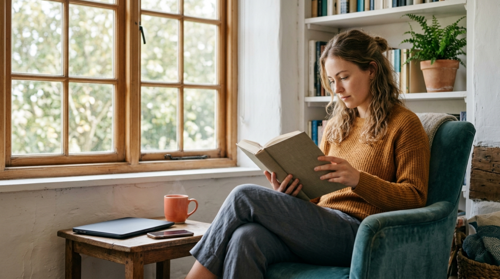 A person reading a printed book in window light, laptop closed and phone face down beside them