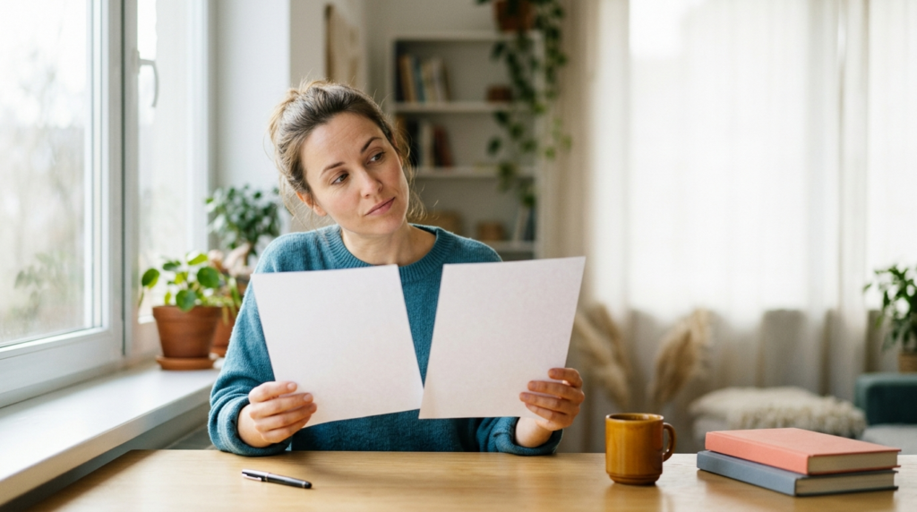 A person at a sunlit table comparing two blank printed pages with a thoughtful, weighing expression