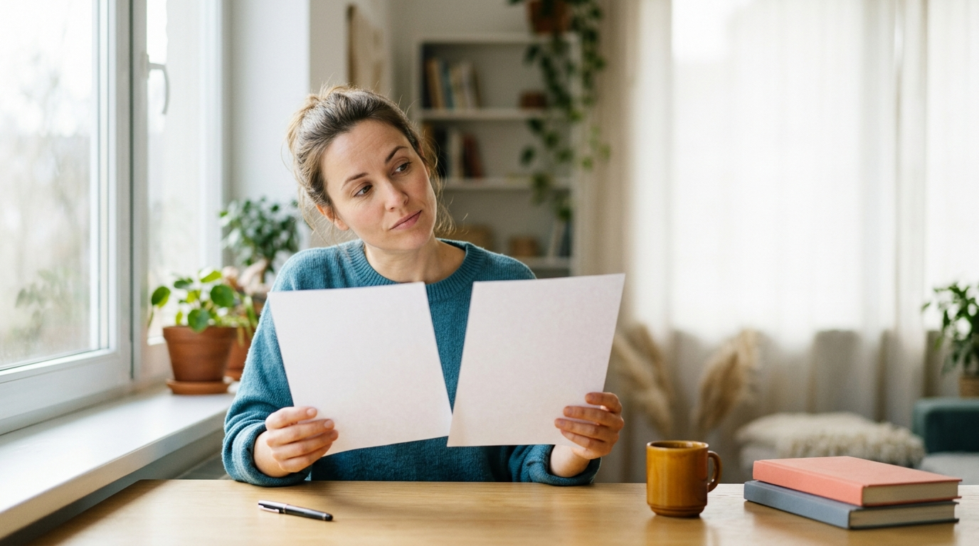 A person at a sunlit table comparing two blank printed pages with a thoughtful, weighing expression