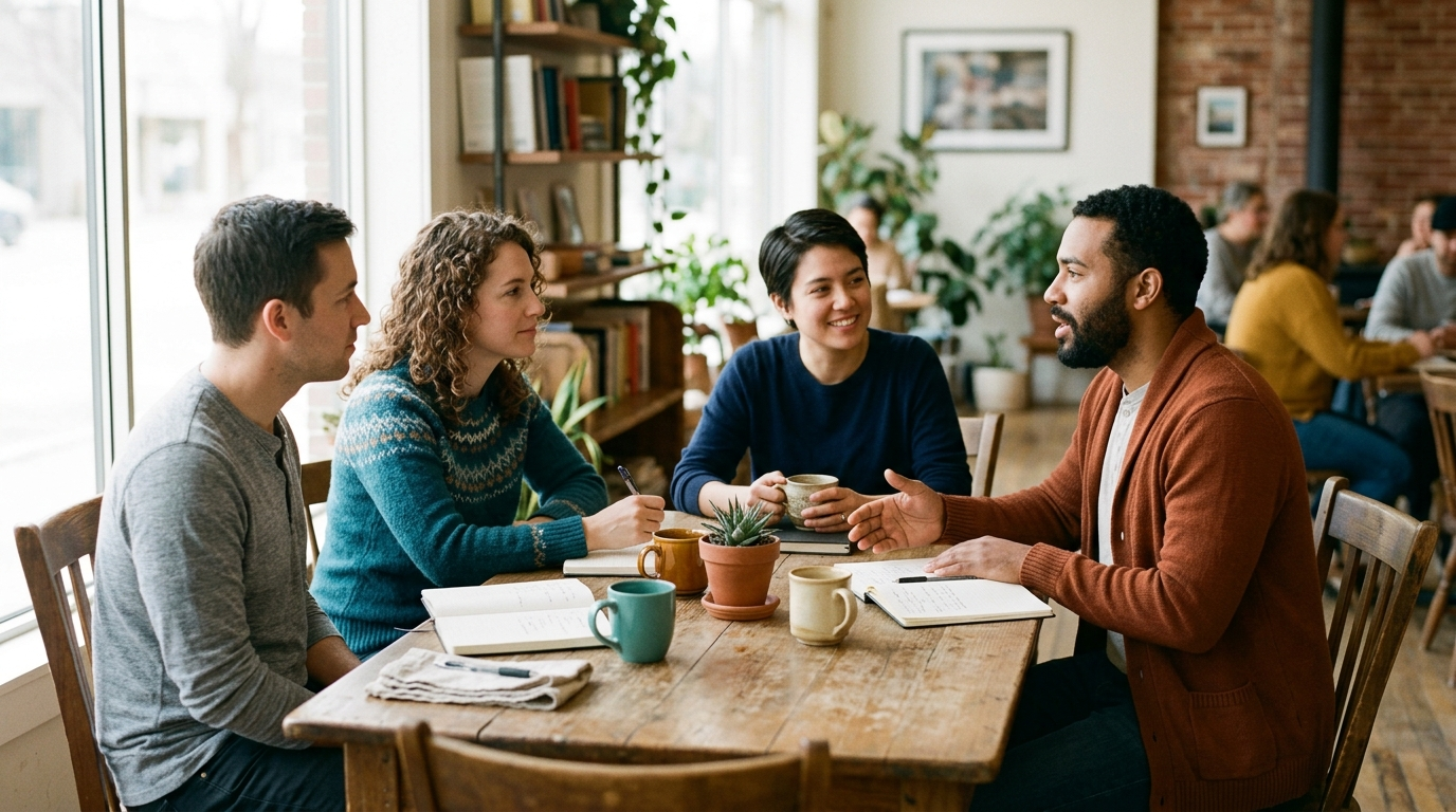A small group in conversation around a sunlit table in a warm community space