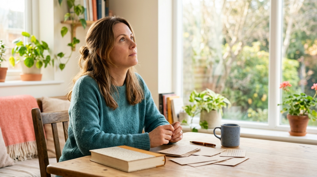 Professional practising recall from memory beside a sunlit window with a closed book and review cards