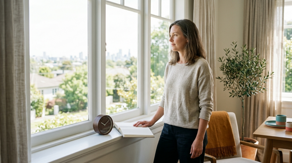 A woman standing at a sunlit window with an open notebook, looking ahead and thinking about what comes next