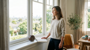 A woman standing at a sunlit window with an open notebook, looking ahead and thinking about what comes next