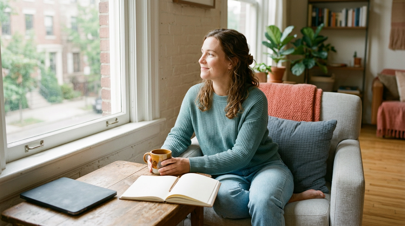 Person resting by a sunlit window with coffee and a notebook on a weekday morning, laptop closed
