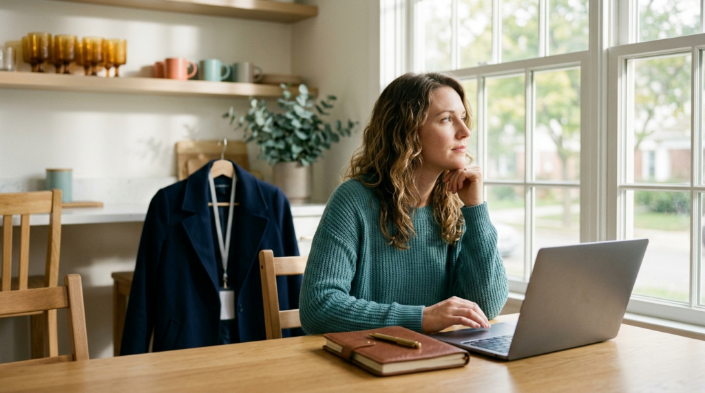 A person at a sunlit kitchen table weighing a career decision between a salaried job and freelancing