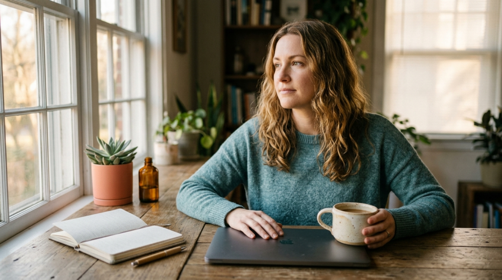 Person pausing at a sunlit desk with a closed laptop, mug and open notebook, marking a calm daily boundary