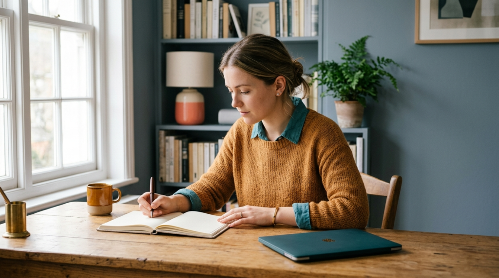 A person pausing at a sunlit desk with an open notebook, checking their work carefully