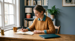 A person pausing at a sunlit desk with an open notebook, checking their work carefully