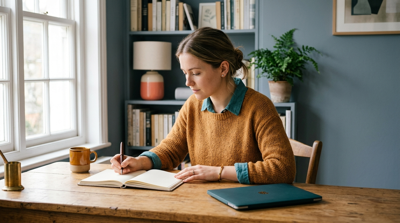 A person pausing at a sunlit desk with an open notebook, checking their work carefully