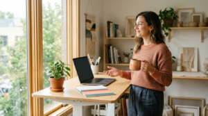 A self-employed professional in a bright home studio calmly deciding on new rates