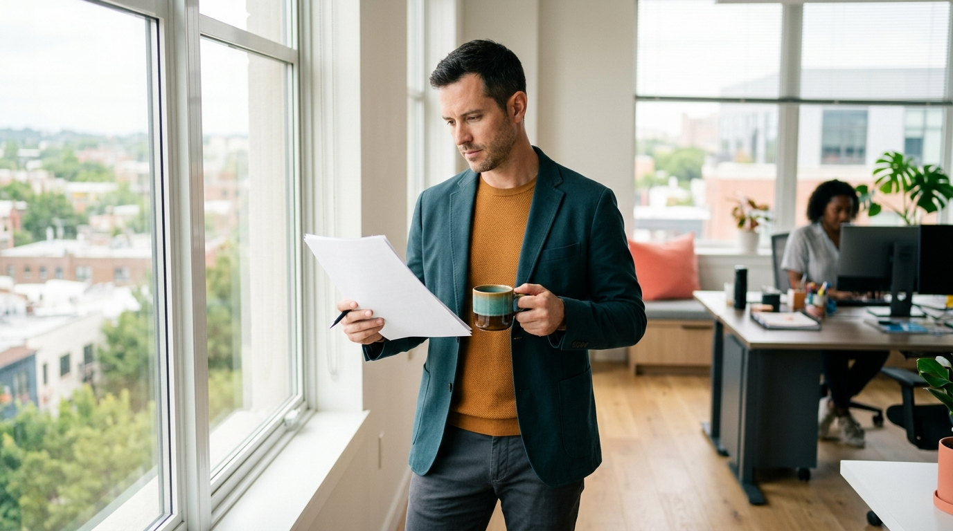 Professional reviewing a printed page by an office window before approving it