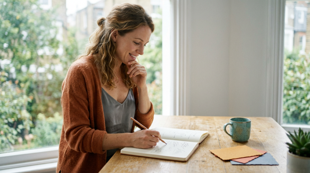 Professional smiling while revising a note in a paper notebook at a sunlit desk