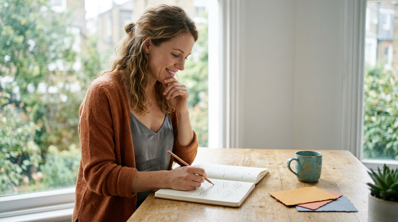 Professional smiling while revising a note in a paper notebook at a sunlit desk