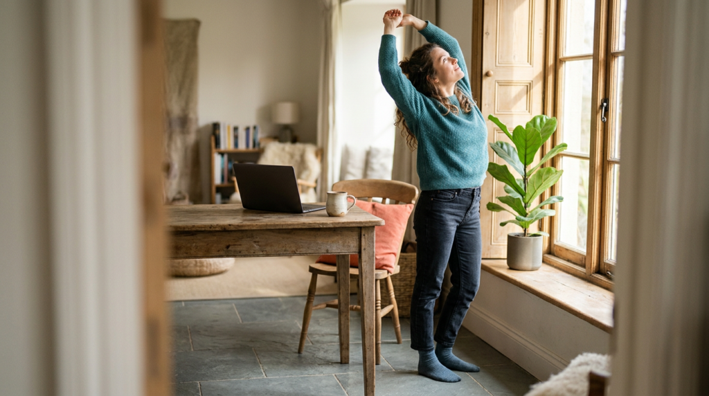 Person stretching beside a sunlit window during a break from desk work