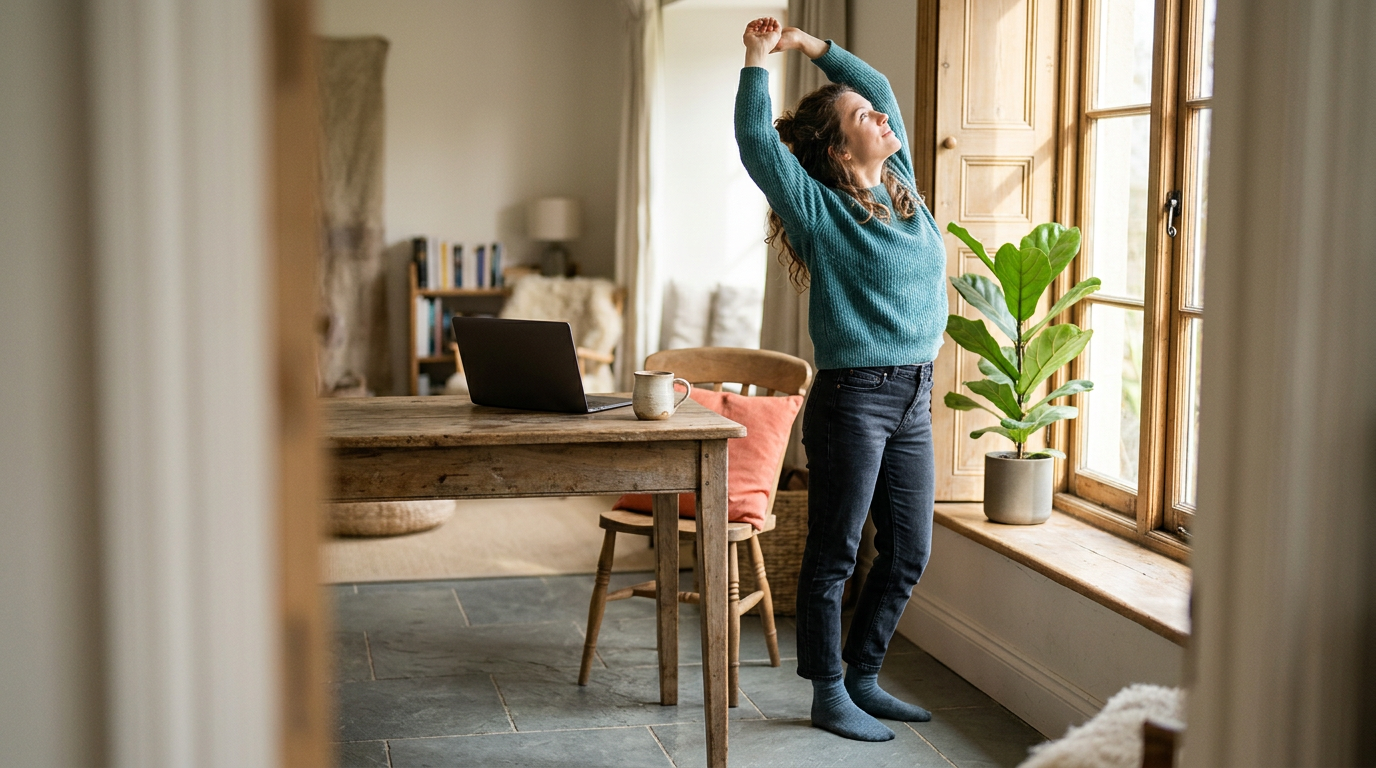 Person stretching beside a sunlit window during a break from desk work