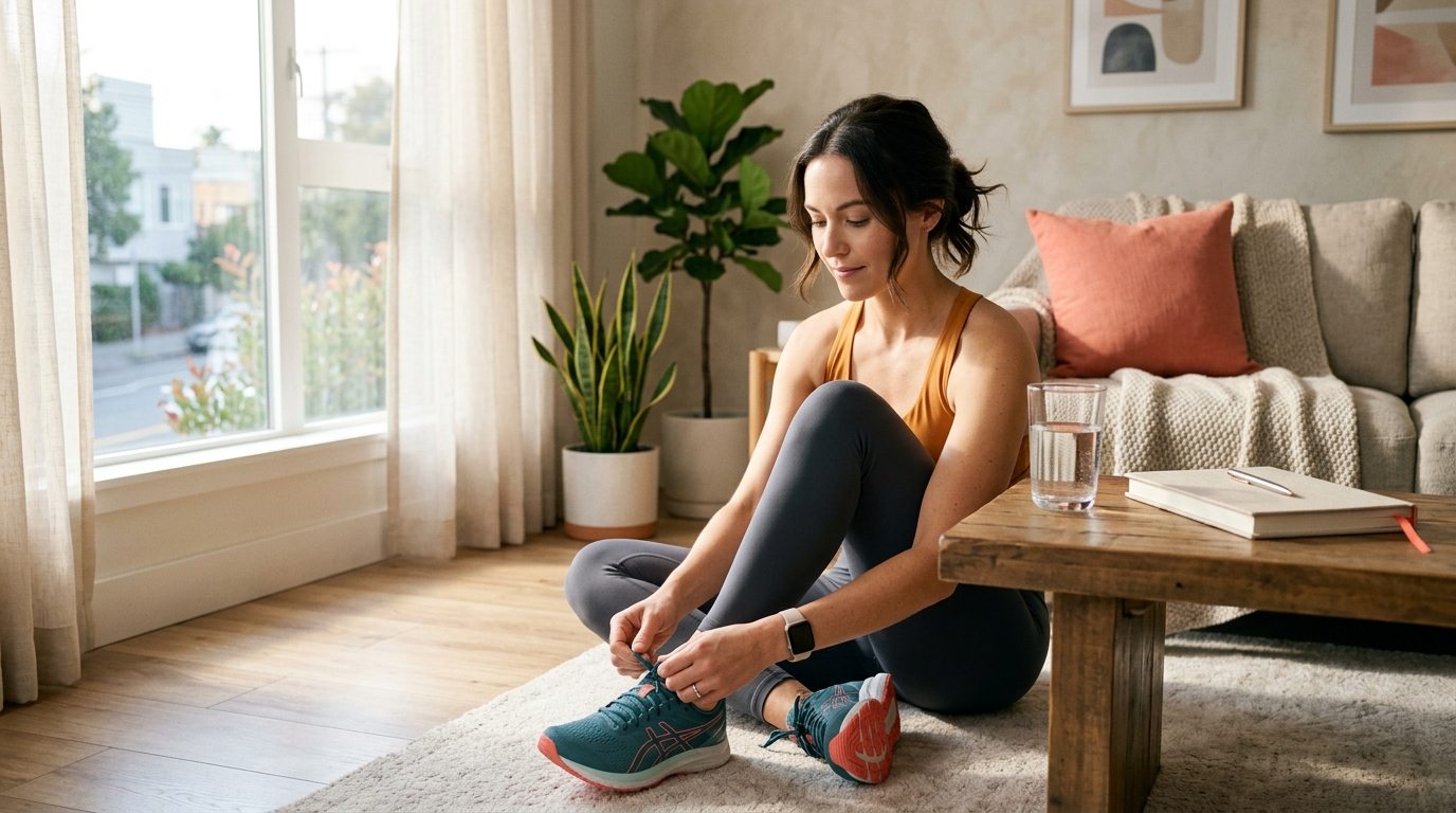 A person tying running shoes by a bright window before the workday, a glass of water and a planner on the table