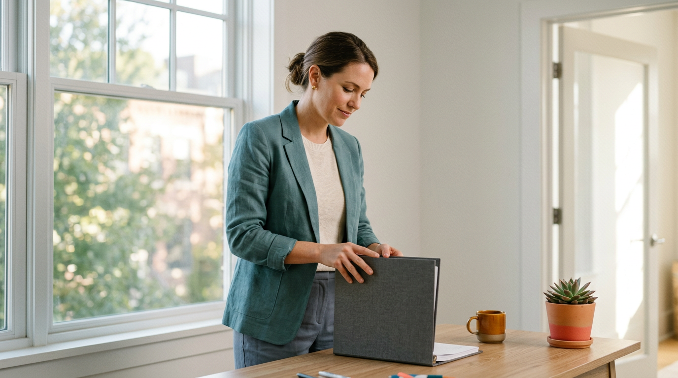 Professional calmly closing a project binder at a sunlit desk, ready to move on