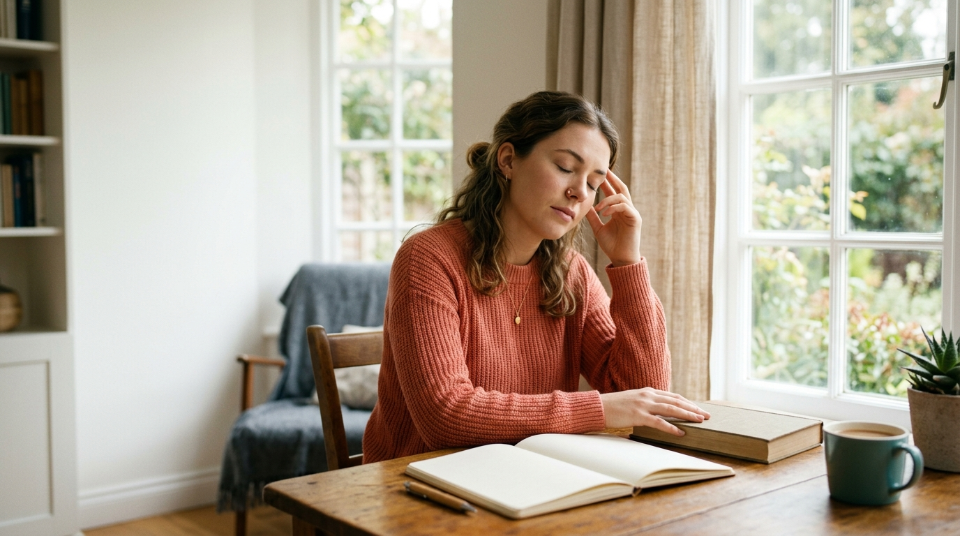 A student pausing at a sunlit desk with a closed textbook, recalling from memory instead of rereading