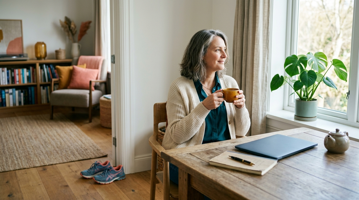 A woman in her late forties taking an unhurried tea break by a sunlit window in a calm home workspace, running shoes by the door