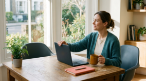 A professional closes a laptop at a sunlit desk beside an empty chair, reclaiming time from an unnecessary meeting