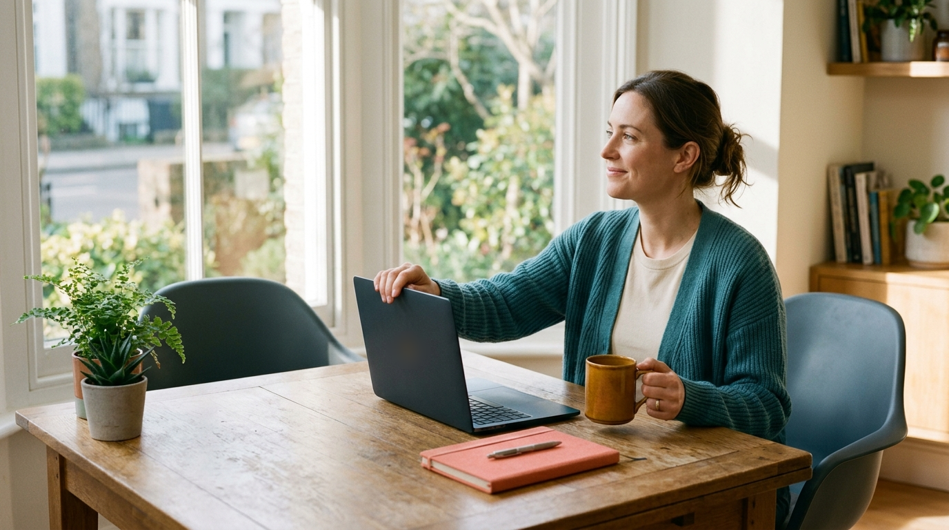 A professional closes a laptop at a sunlit desk beside an empty chair, reclaiming time from an unnecessary meeting