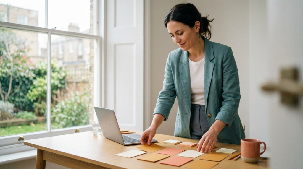 A professional arranging colored cards into a workflow on a sunlit desk