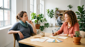 Two colleagues at a bright table by a window, one thinking and one writing, paper cards spread between them
