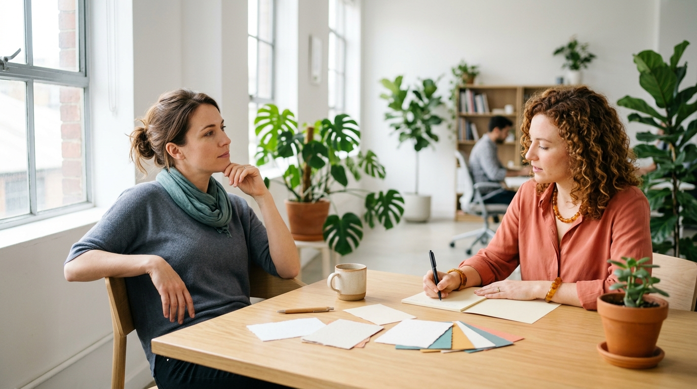 Two colleagues at a bright table by a window, one thinking and one writing, paper cards spread between them