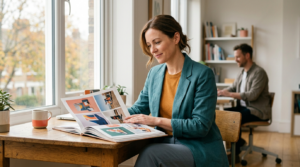 Professional reviewing a portfolio of past work in window light, colleague in background