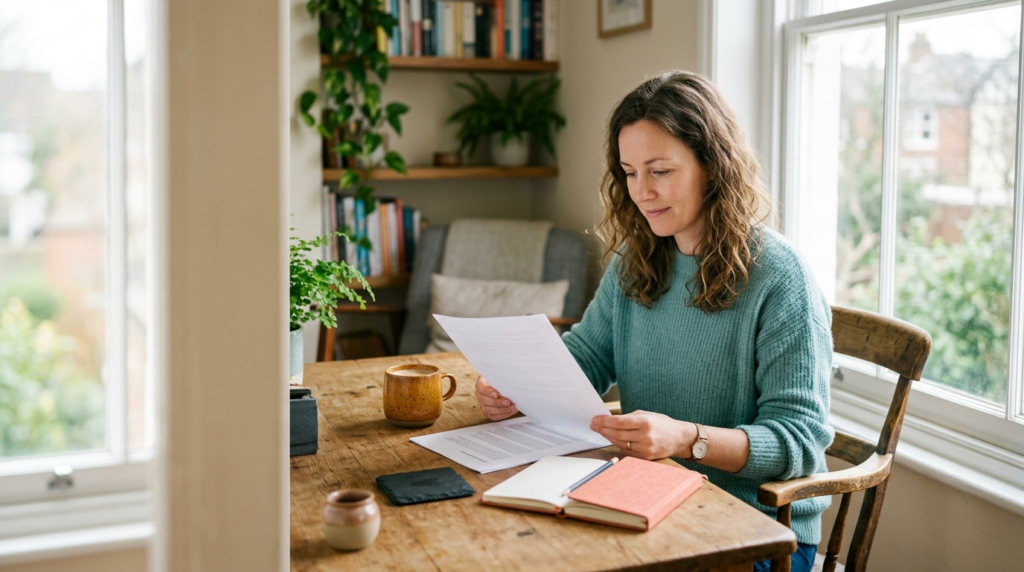 Independent consultant reviewing a monthly retainer agreement at a sunlit desk