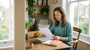Independent consultant reviewing a monthly retainer agreement at a sunlit desk