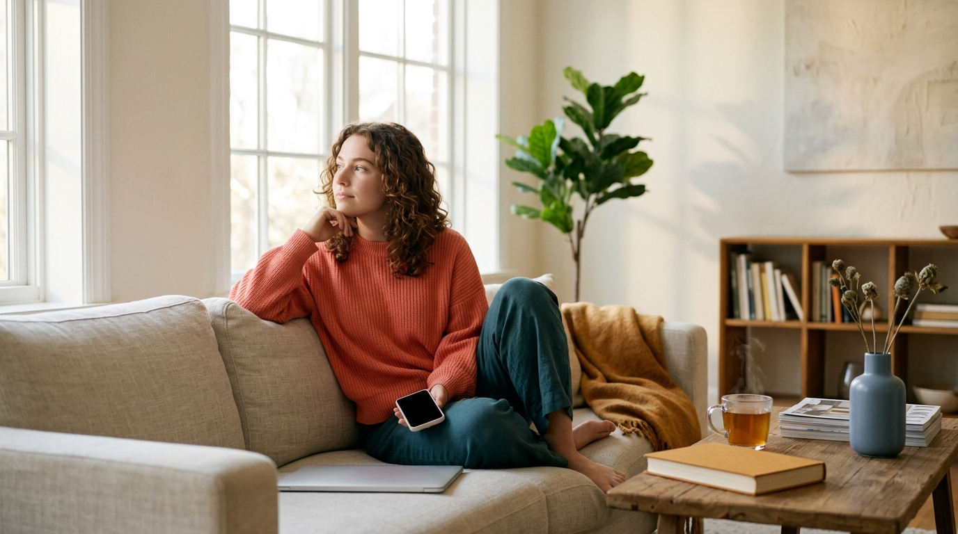 Person relaxing on a sunlit sofa, looking up from a smartphone toward the window
