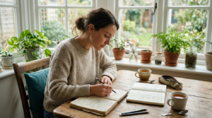 A person at a sunlit table connecting notes across two open notebooks