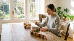 A person by a sunlit window placing a long row of colorful dominoes on a wooden table, thinking about where the chain will lead