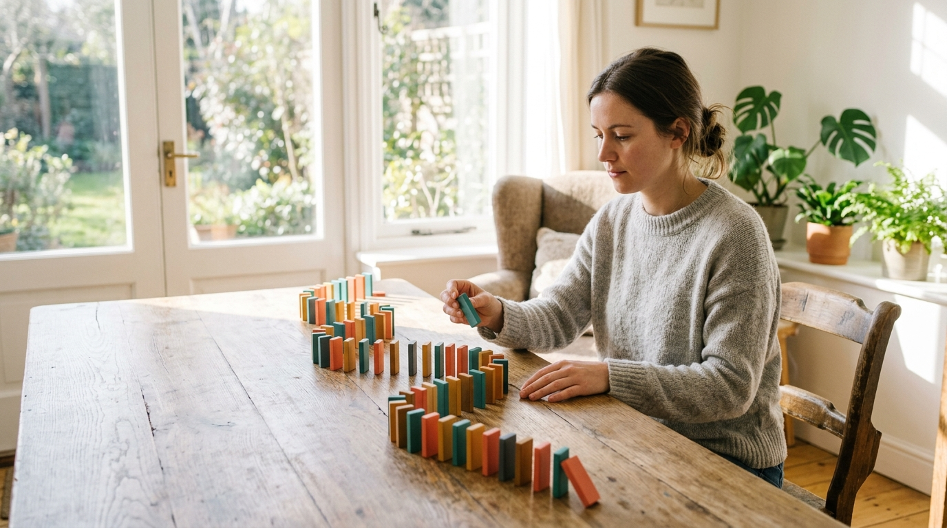 A person by a sunlit window placing a long row of colorful dominoes on a wooden table, thinking about where the chain will lead