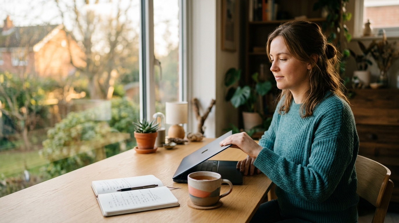 A person closing a laptop at a home desk in warm evening window light, a notebook and pen open beside them