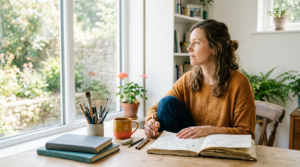 Person sitting in soft window light returning to a practice sketchbook, illustrating scheduled skill maintenance