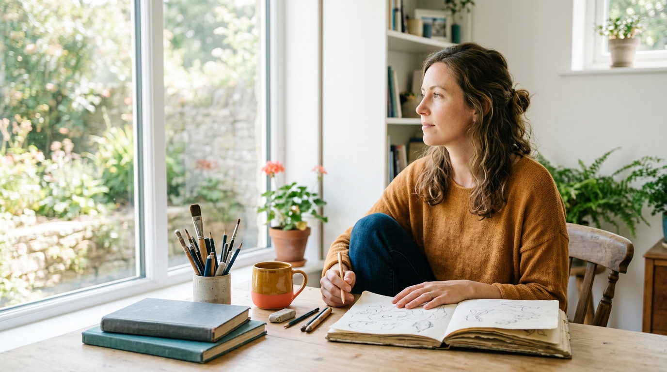 Person sitting in soft window light returning to a practice sketchbook, illustrating scheduled skill maintenance